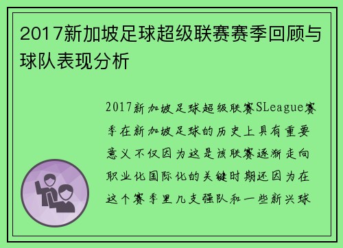 2017新加坡足球超级联赛赛季回顾与球队表现分析