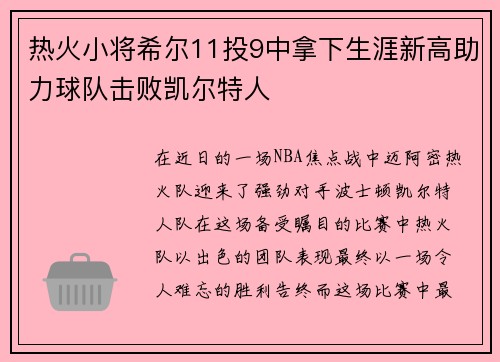 热火小将希尔11投9中拿下生涯新高助力球队击败凯尔特人